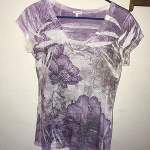 purple flowered shirt